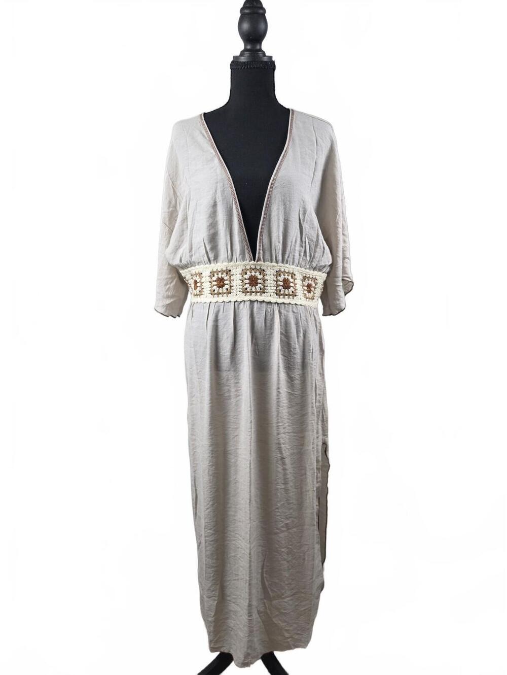 Cupshe Beige Maxi Dress with Crochet Waistband and Side Slits